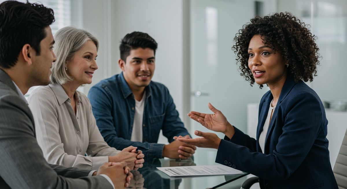 An advisor speaking with clients about property decisions and coverage options, showing why many choose to Get Licensed in Both Real Estate and Insurance