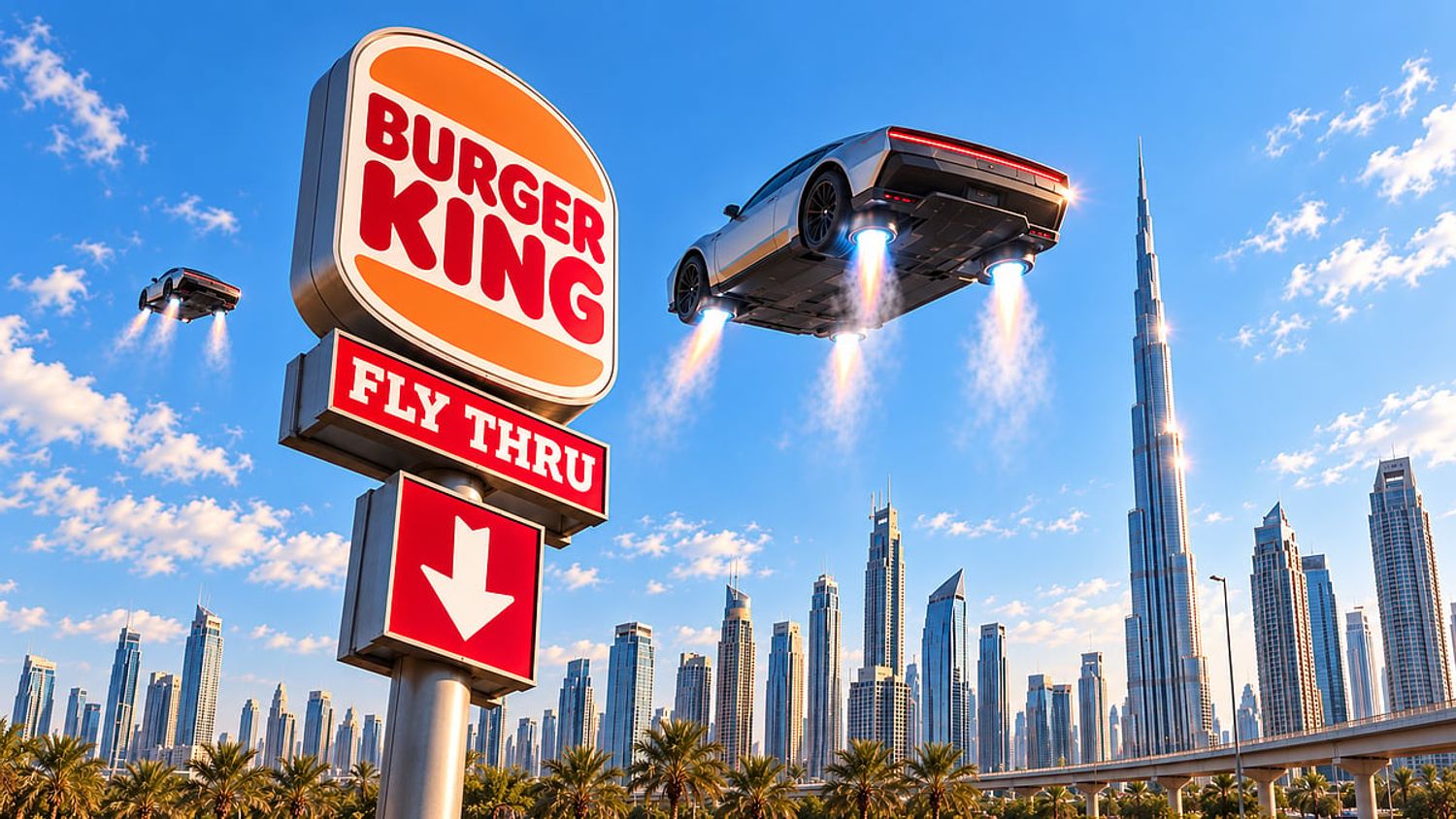 Burger King UAE's Fly Thru post showing flying cars beside its roadside sign