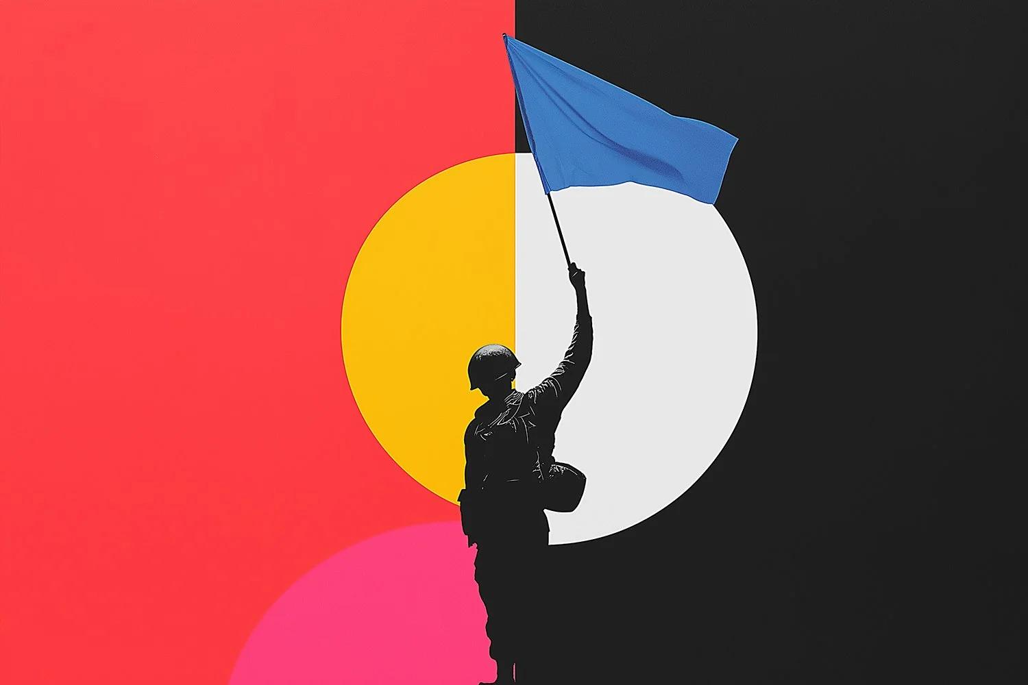 Bold graphic poster depicting soldiers raising a flag, evoking national symbolism.