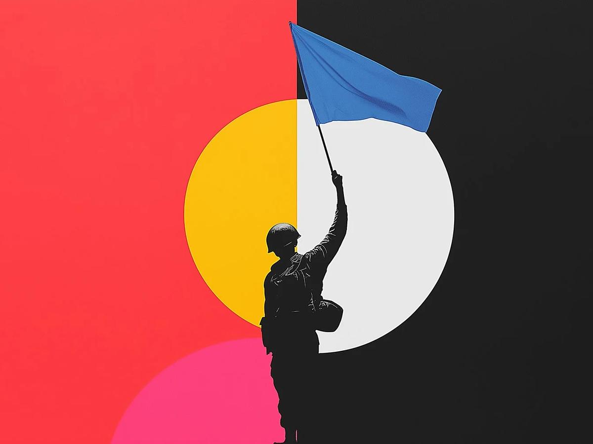 Bold graphic poster depicting soldiers raising a flag, evoking national symbolism.