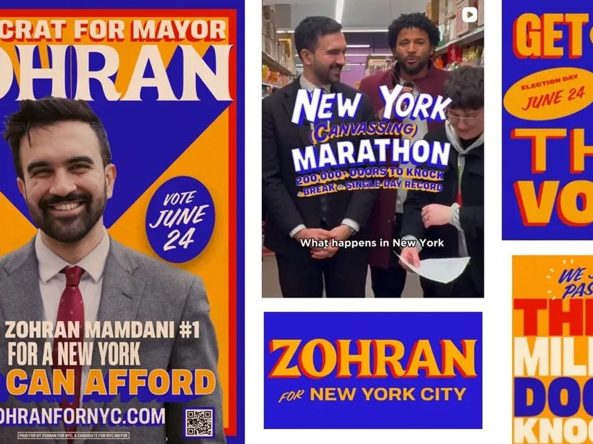 Key visual from Zohran Mamdani's campaign showing its city-inspired color palette and typography