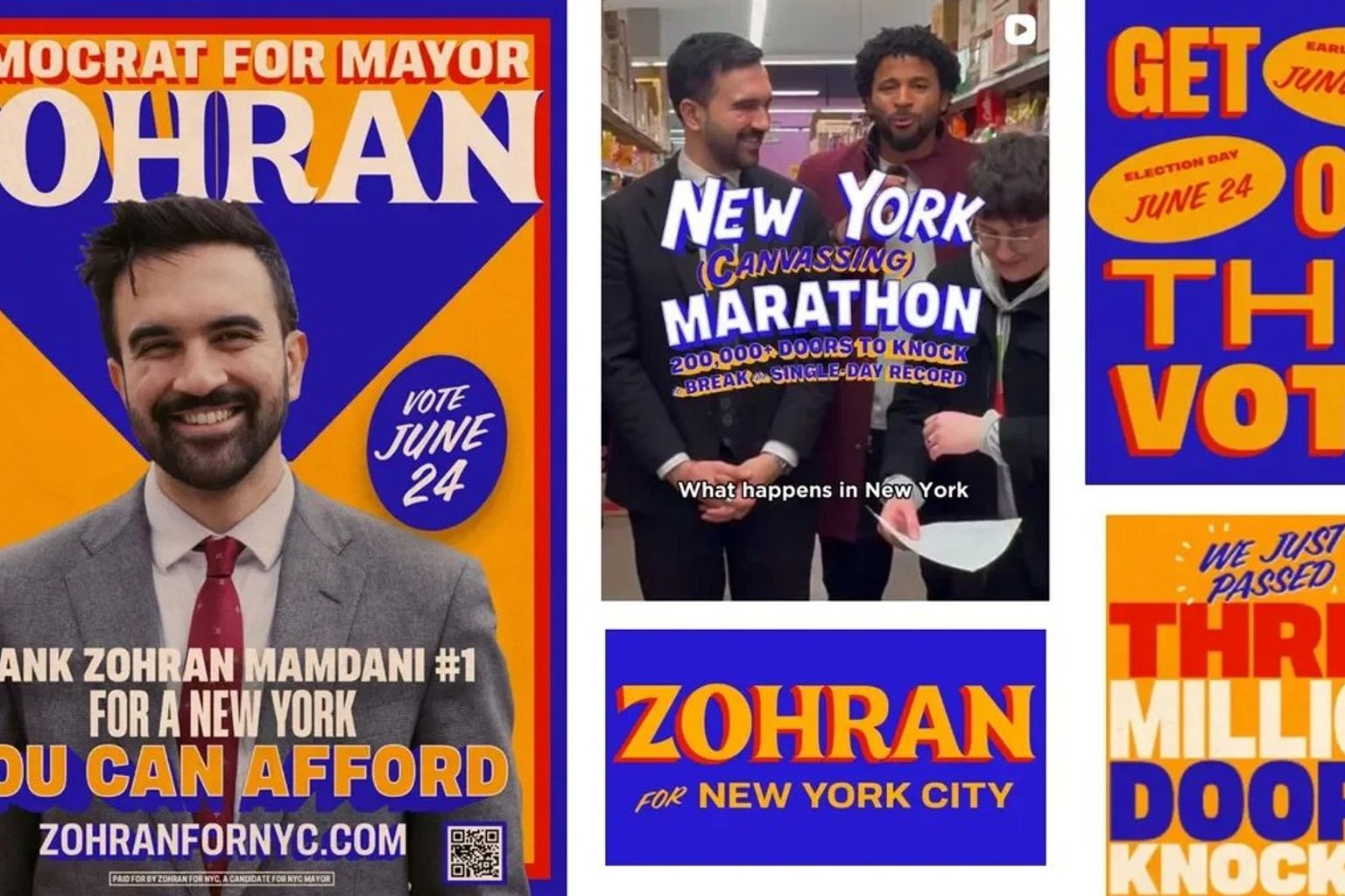 Key visual from Zohran Mamdani's campaign showing its city-inspired color palette and typography