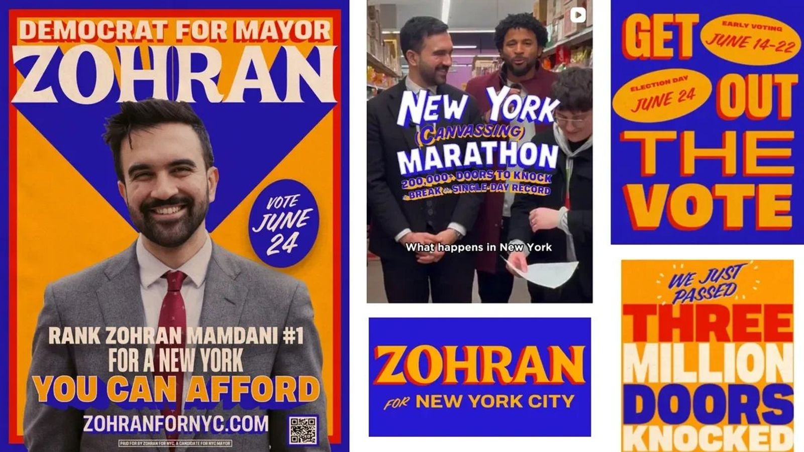 Key visual from Zohran Mamdani's campaign showing its city-inspired color palette and typography