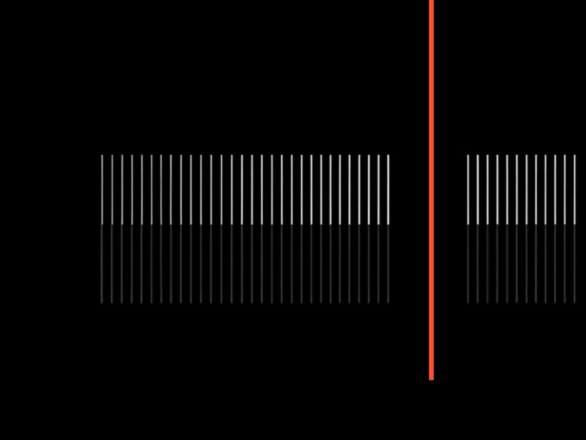Vertical white lines on a dark field, interrupted by a single red accent line.
