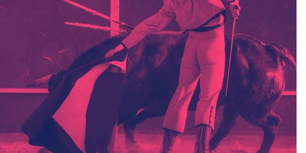 A matador figure, symbolizing Zuckerberg's calculated public performance against Musk.