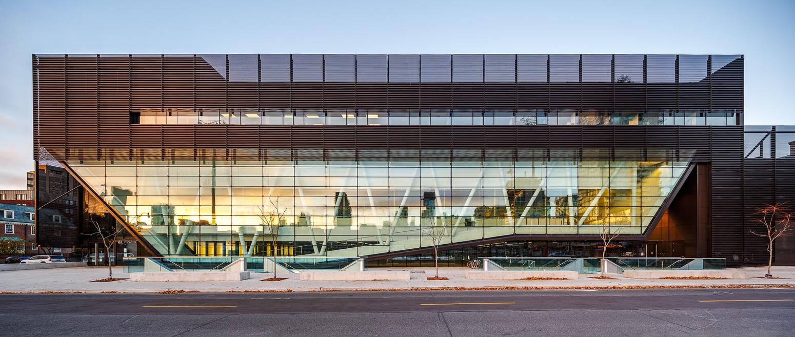 Exterior of a modern glass and wood building