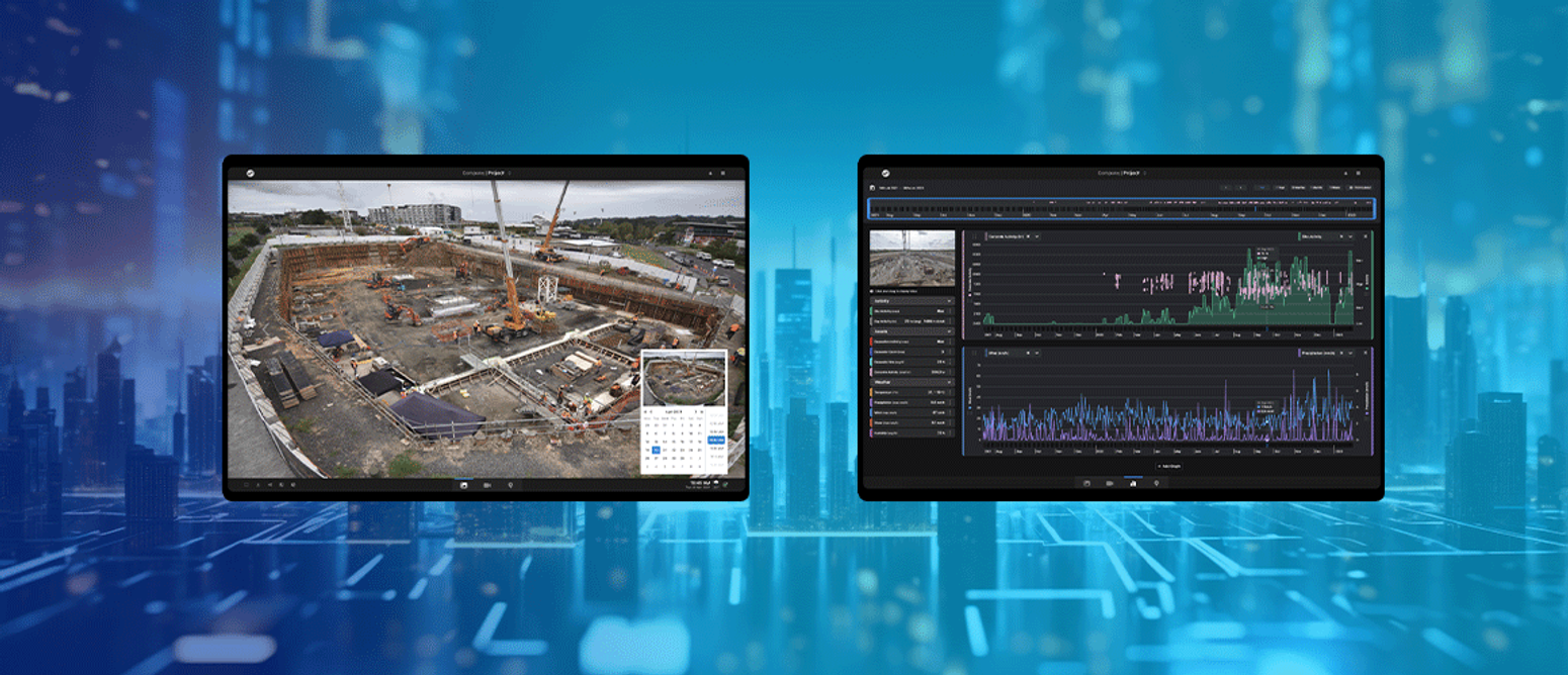 A construction site with Timescapes' high-quality construction cameras capturing real-time activity data and AI analytics, with a partnership between EllisDon and Timescapes to revolutionize construction through advanced timelapse and analytics technology.