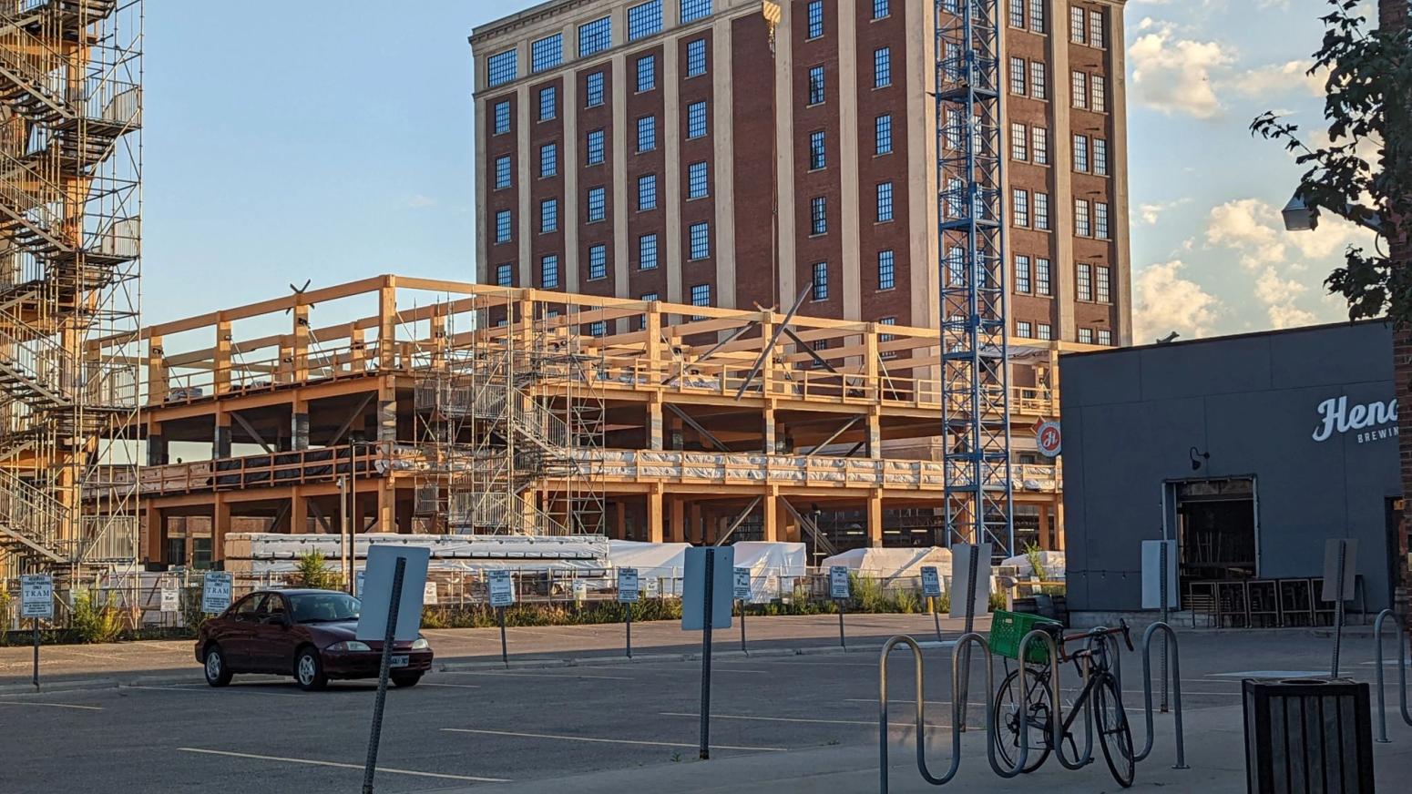 Timber office building view from parking lot