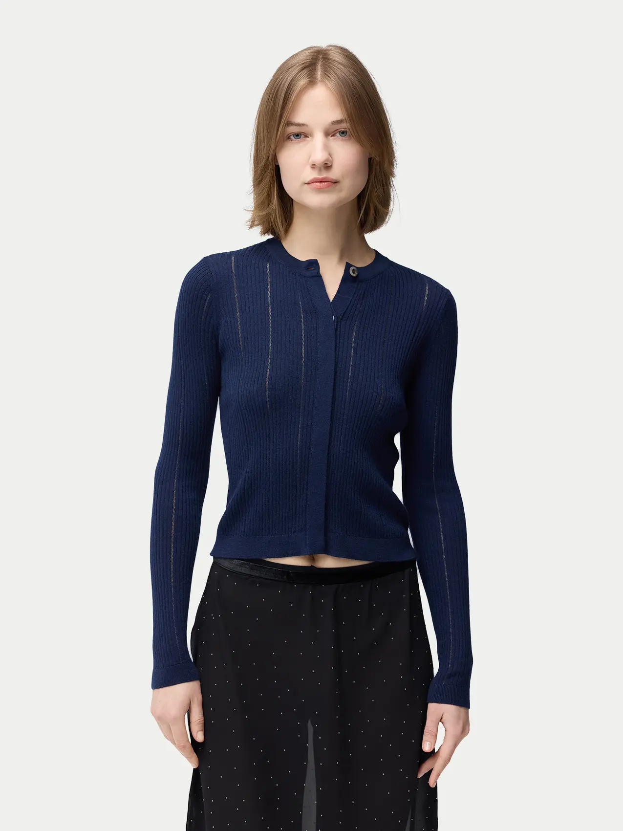 Hidden Button-Front Navy Cashmere Silk Cardigan | GOBI Cashmere