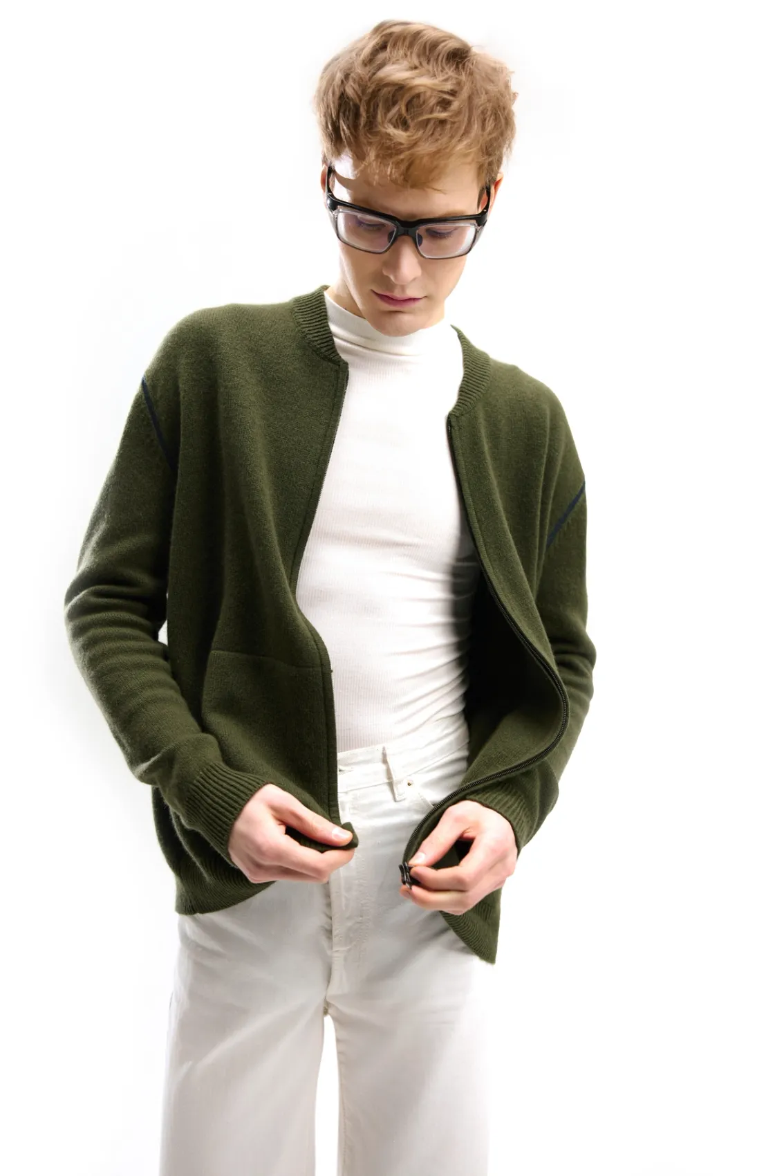 model wearing zipped cashmere cardigan