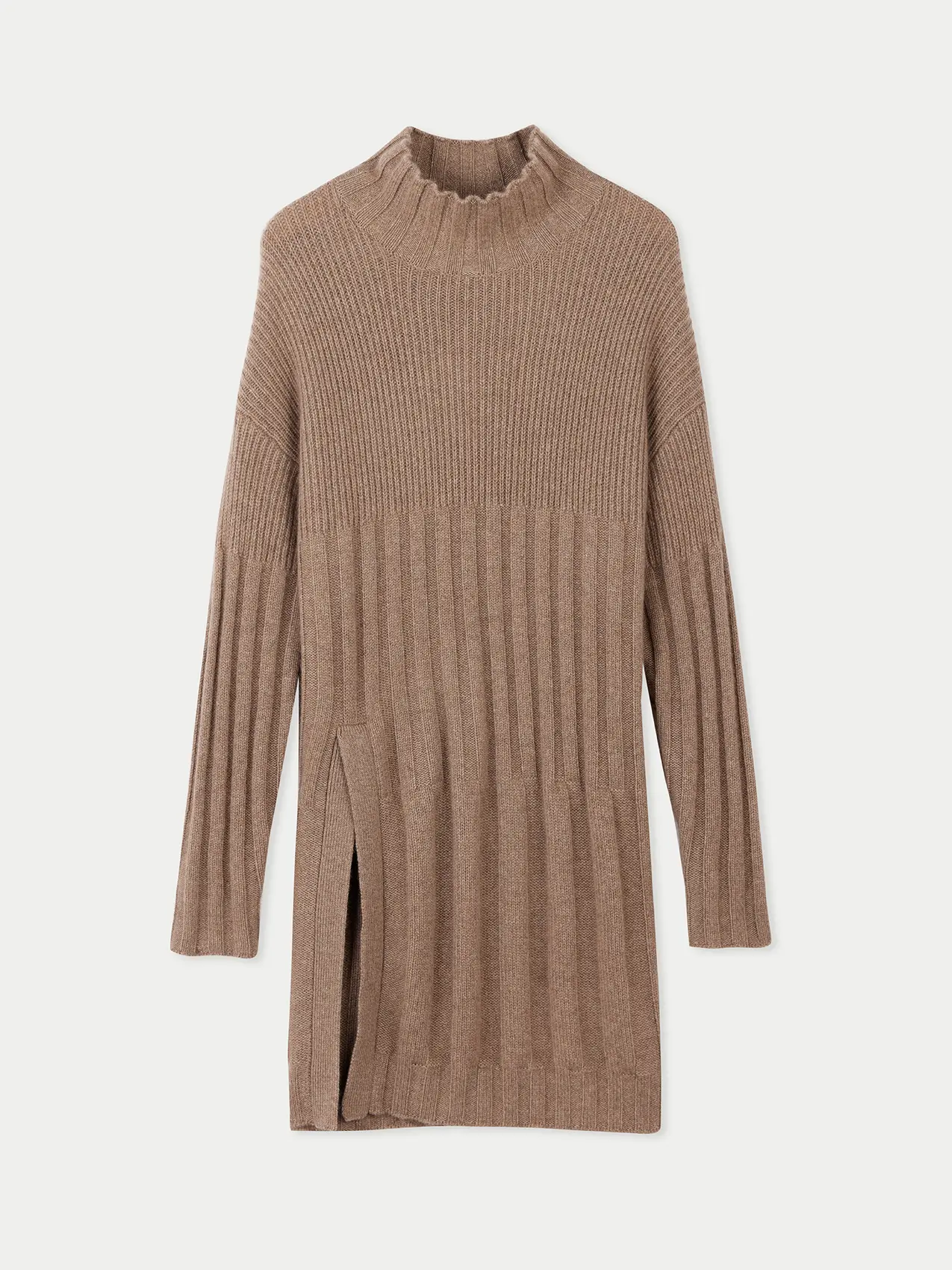 Taupe colored High-Neck Ribbed Cashmere Dress