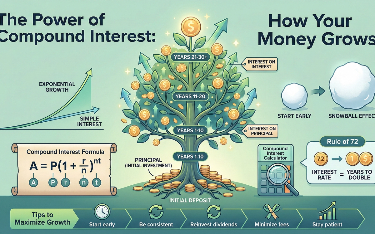 Illustration of money growing over time due to compound interest
