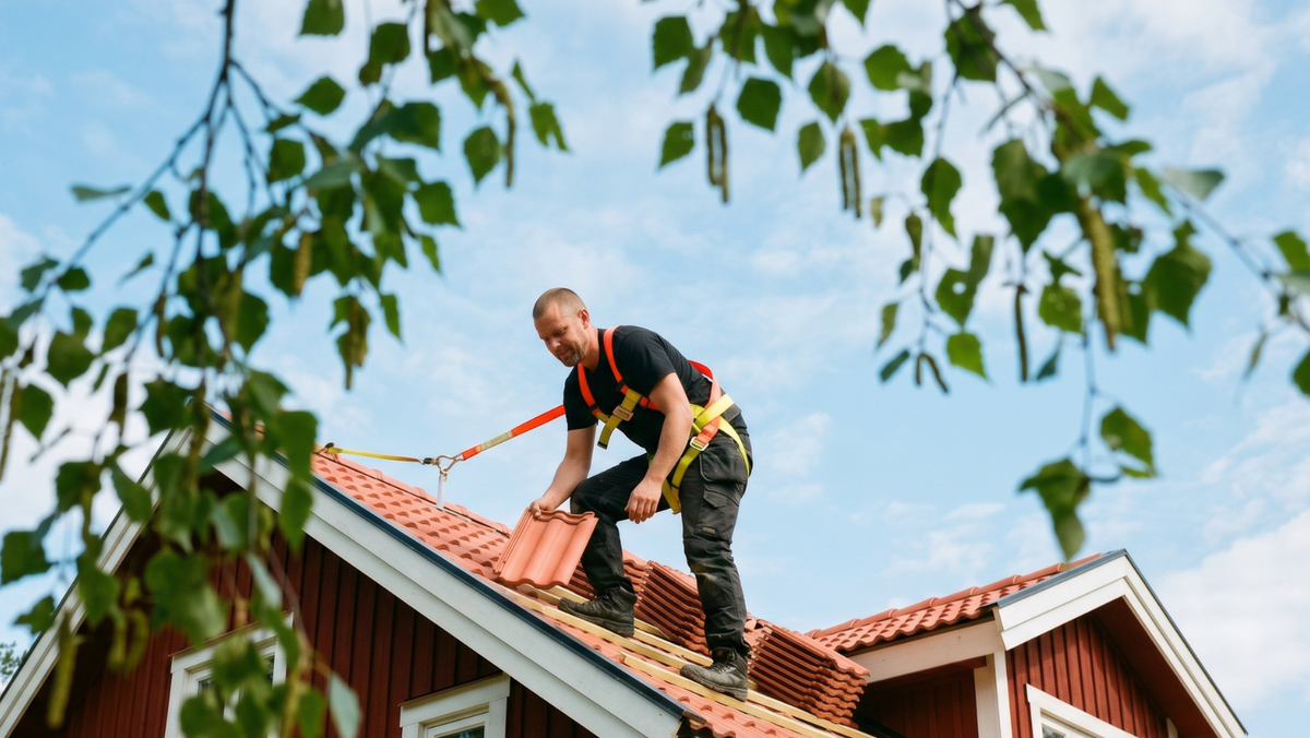 Takläggare på tak lägger nya takpannor