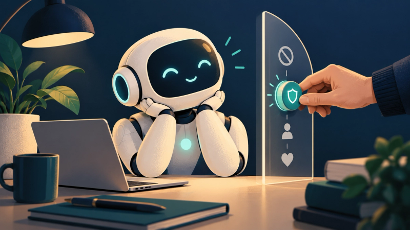 A friendly AI assistant beside a human-operated approval control, illustrating responsible AI and human oversight.