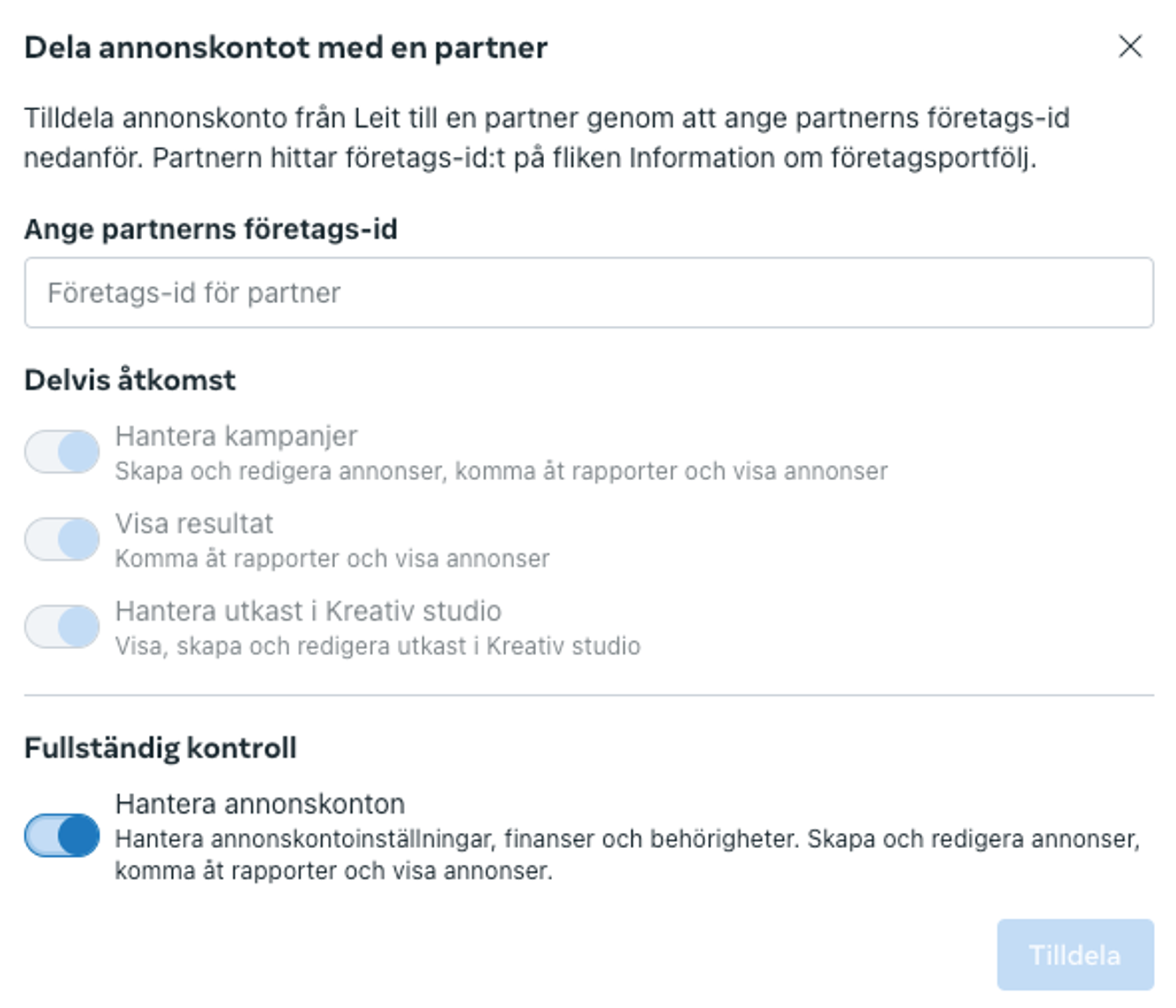 Dela annonskonto med en partner