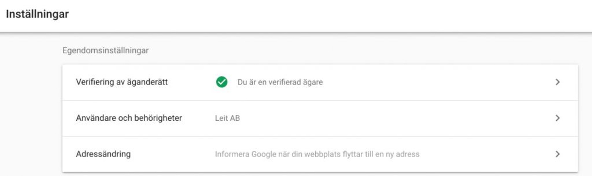 Search Console Användare och behörighet