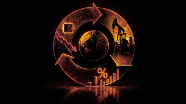 Imagen circular del mercado con un globo terráqueo, un chip de IA, una bomba de petróleo y símbolos económicos