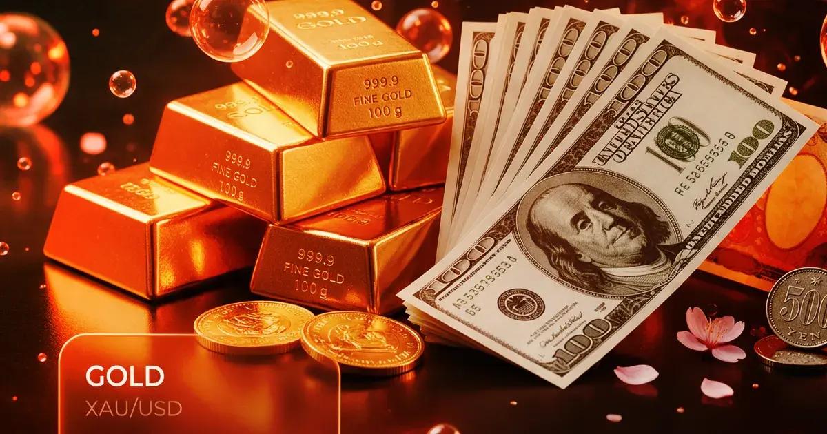 Gold bars and US dollar banknotes representing gold prices and financial markets.
