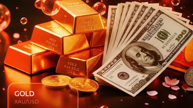Gold bars and US dollar banknotes representing gold prices and financial markets.