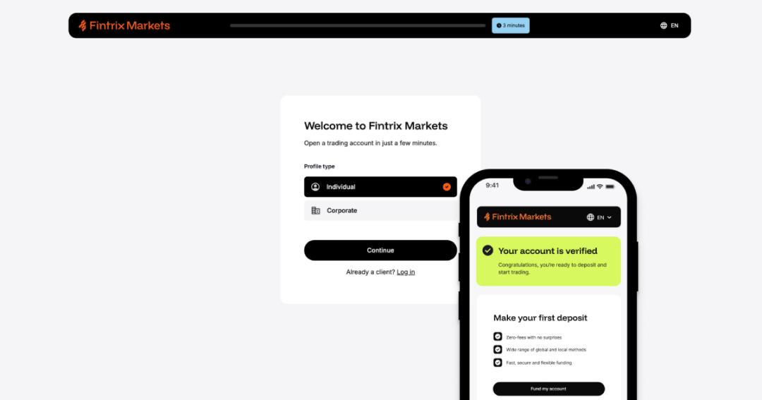 หน้าจอลงทะเบียนของอินเทอร์เฟซการสร้างบัญชี Fintrix Markets