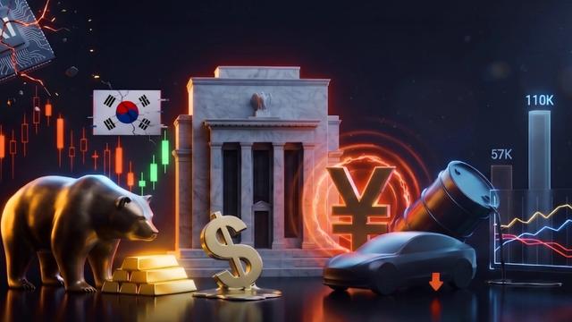 Ilustración de un análisis de mercado en la que se muestran el oro, el dólar estadounidense, el yen japonés, los precios del petróleo y las tendencias del mercado impulsadas por la inteligencia artificial.