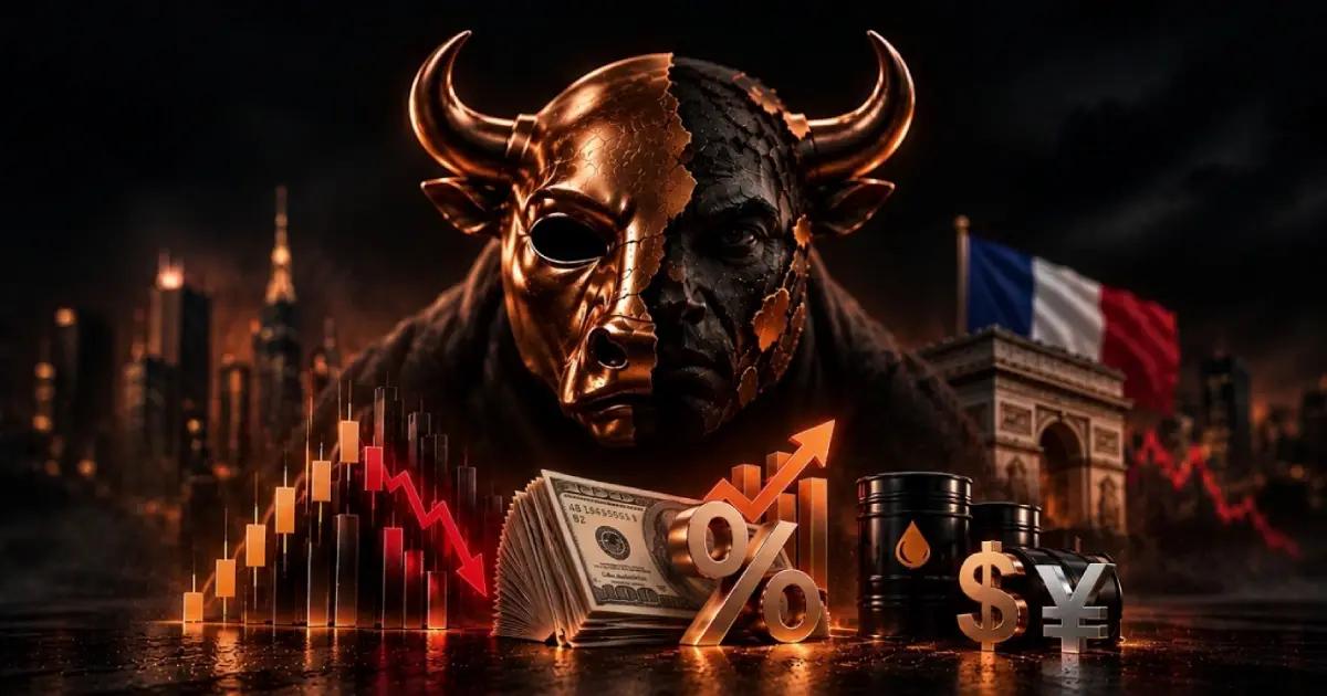 Cracked bronze bull mask surrounded by market charts, currency symbols, oil barrels and a French flag.