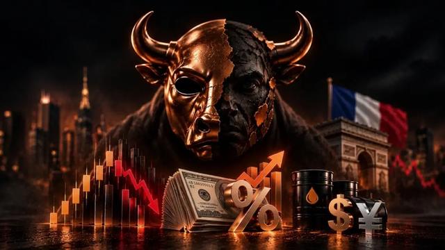 Cracked bronze bull mask surrounded by market charts, currency symbols, oil barrels and a French flag.