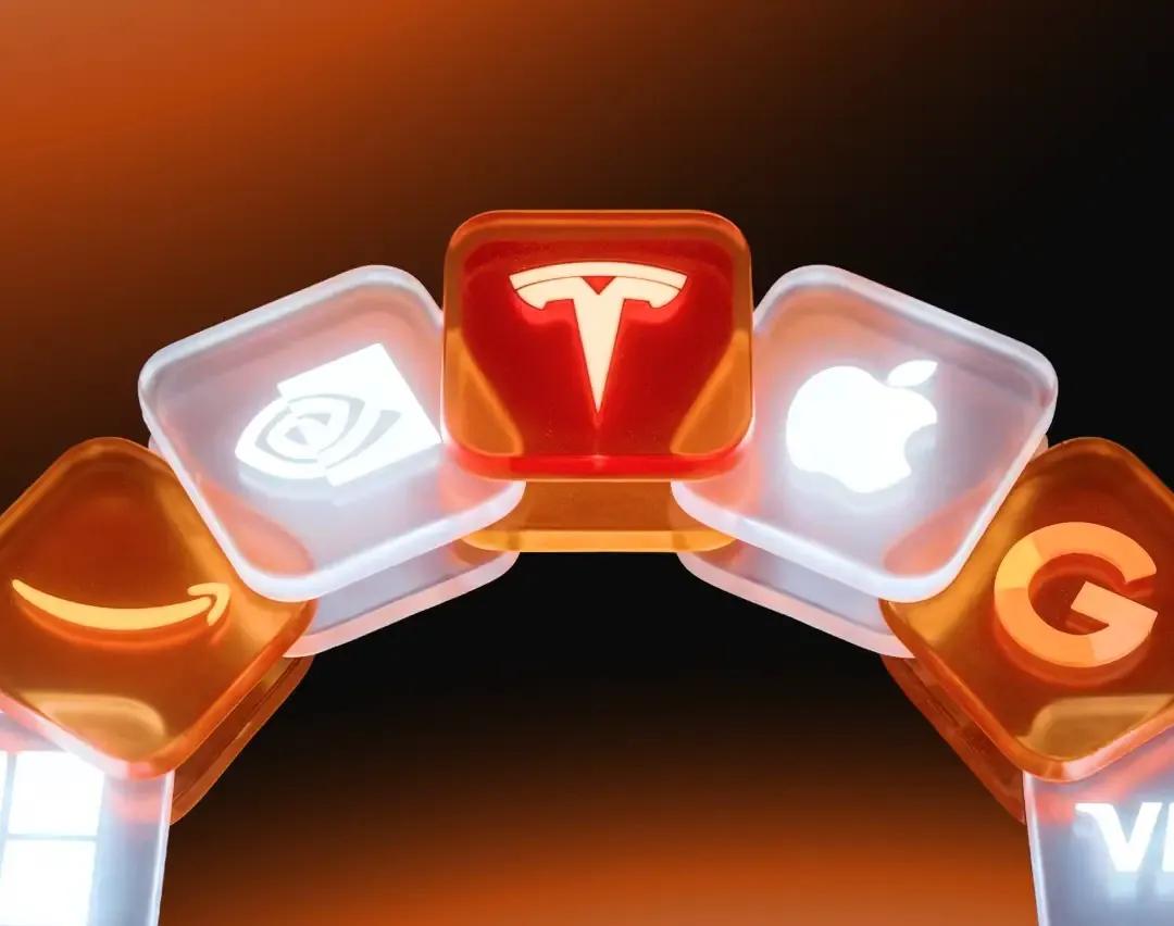 Glowing tech logos including Tesla, Apple, Nvidia, Amazon and Google