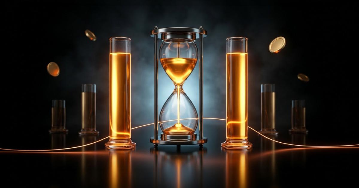 Golden hourglass between illuminated orange columns, with floating gold coins against a dark background.