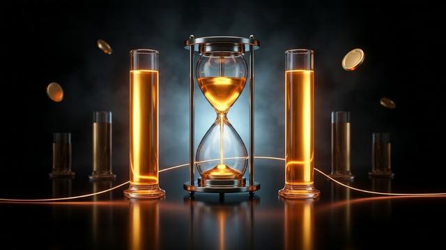 Golden hourglass between illuminated orange columns, with floating gold coins against a dark background.