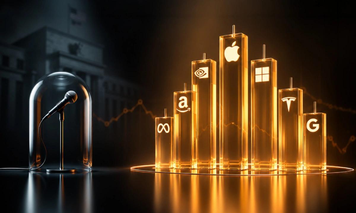 Illustration of a Federal Reserve microphone next to leading US technology companies, highlighting the shift in market focus from Fed policy to Big Tech earnings.