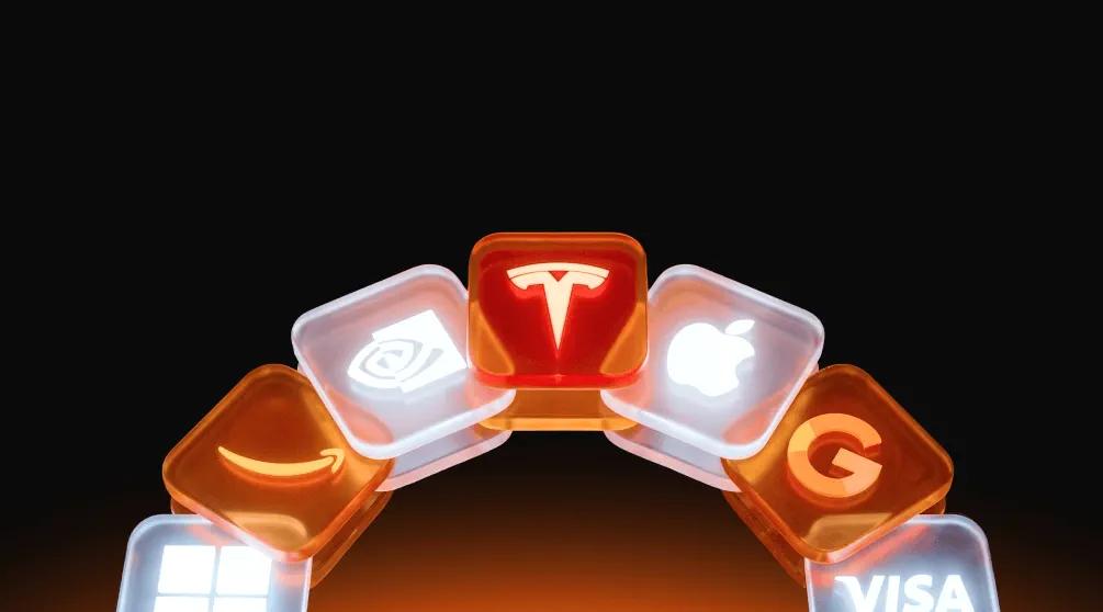 Illustration of major U.S. equities including Tesla, Apple, Google, Amazon, Microsoft, Nvidia, and Visa, representing stocks available for extended-hours trading.