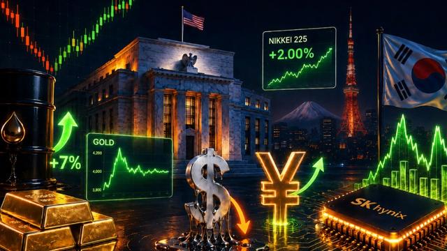Ilustración de los mercados mundiales en la que aparecen el oro, el petróleo, SK Hynix y el yen japonés.