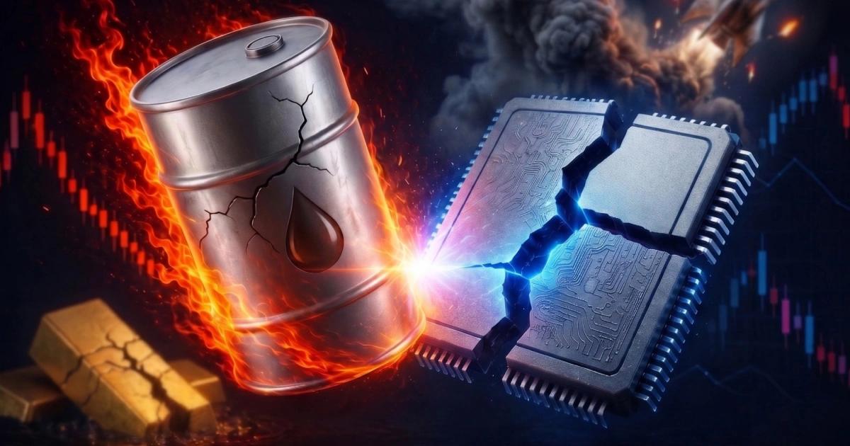 지정학적 긴장과 글로벌 시장의 변동성을 강조하는 석유, 금, AI 칩 관련 주식에 대한 일러스트.