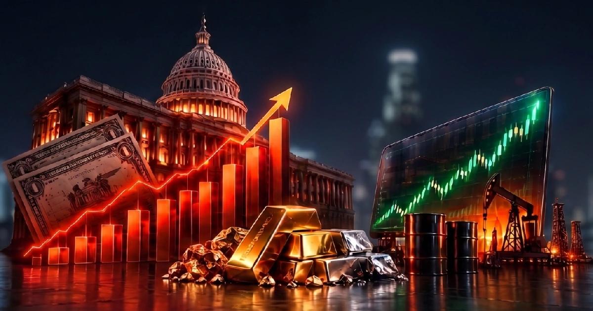Điện Capitol của Mỹ với biểu đồ lợi suất trái phiếu tăng, các thỏi vàng và thùng dầu đại diện cho thị trường toàn cầu.