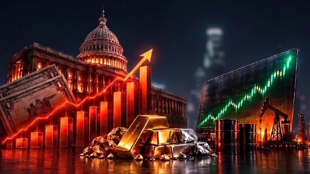 Điện Capitol của Mỹ với biểu đồ lợi suất trái phiếu tăng, các thỏi vàng và thùng dầu đại diện cho thị trường toàn cầu.