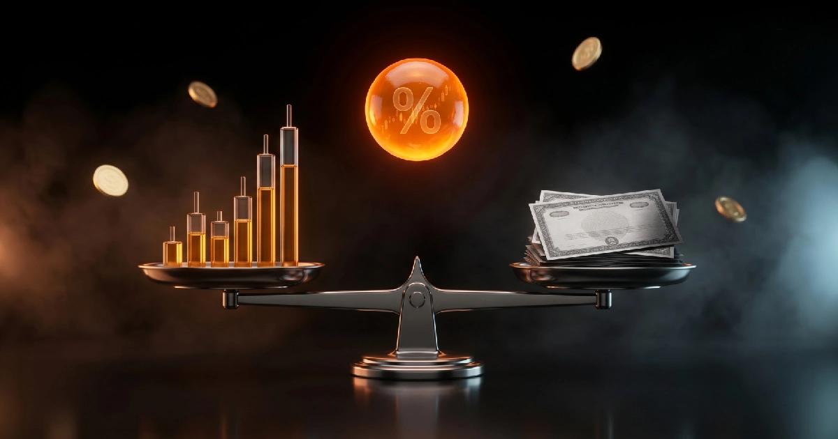 A balance scale weighing stock market gains against the impact of higher interest rates.