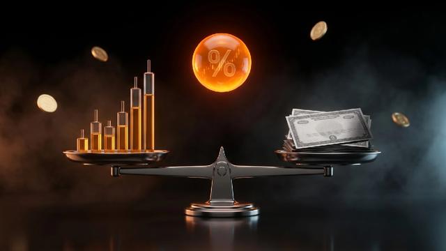 A balance scale weighing stock market gains against the impact of higher interest rates.