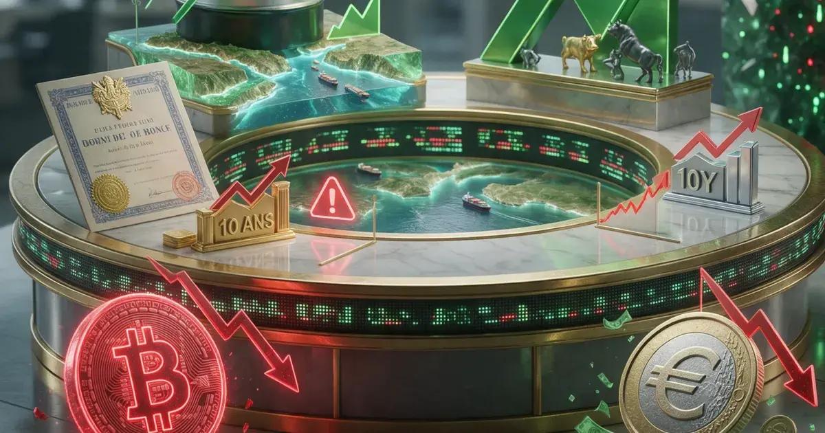 Ilustración de los mercados globales que muestra los riesgos del mercado de bonos francés, el aumento de los rendimientos y la caída de los precios del Bitcoin y del euro.