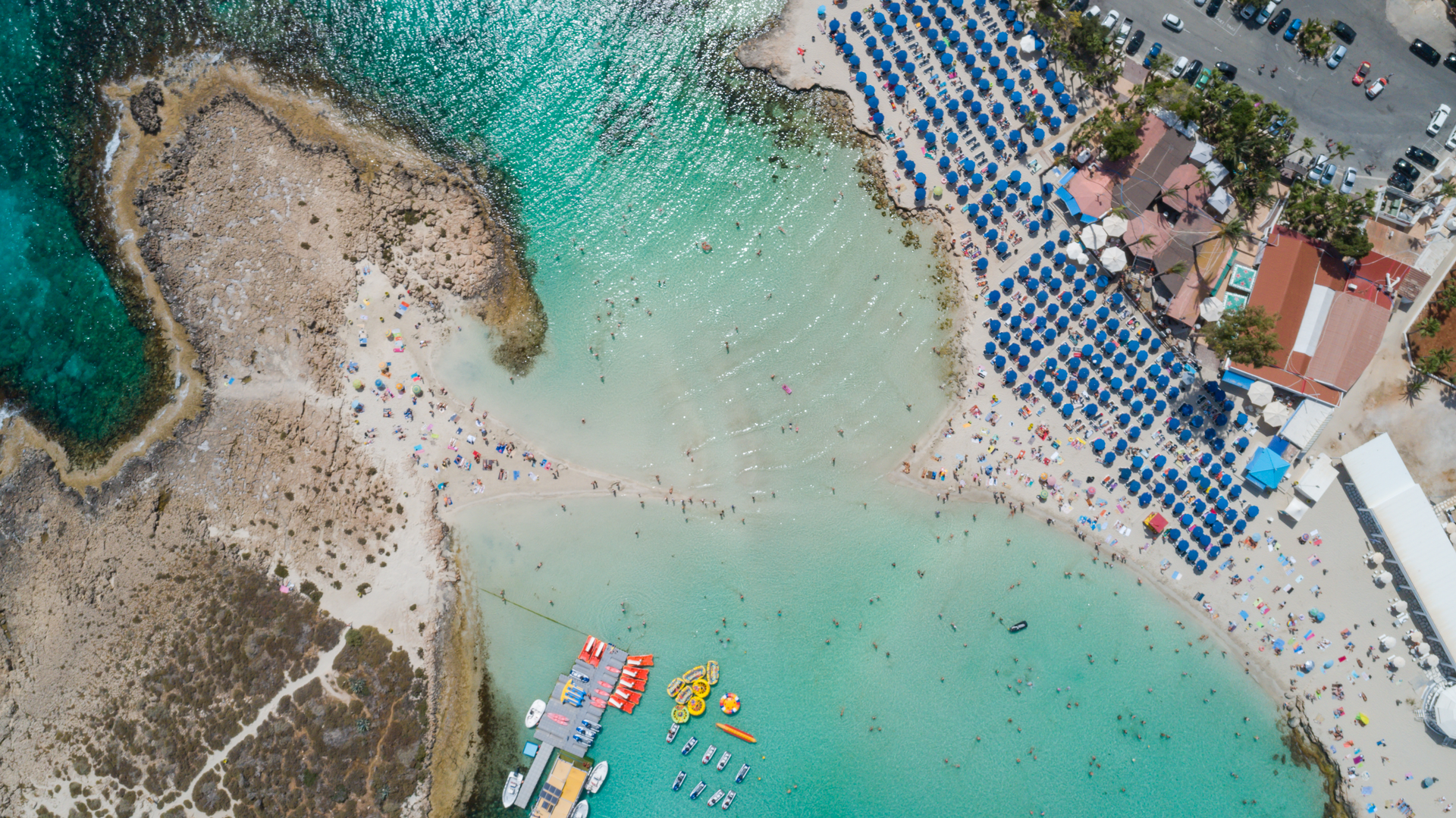 Aerial view of Nissi Beach in Ayia Napa with turquoise waters