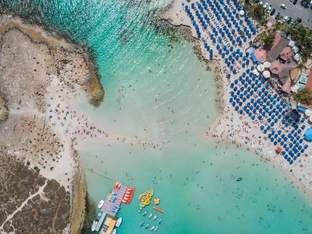Aerial view of Nissi Beach in Ayia Napa with turquoise waters