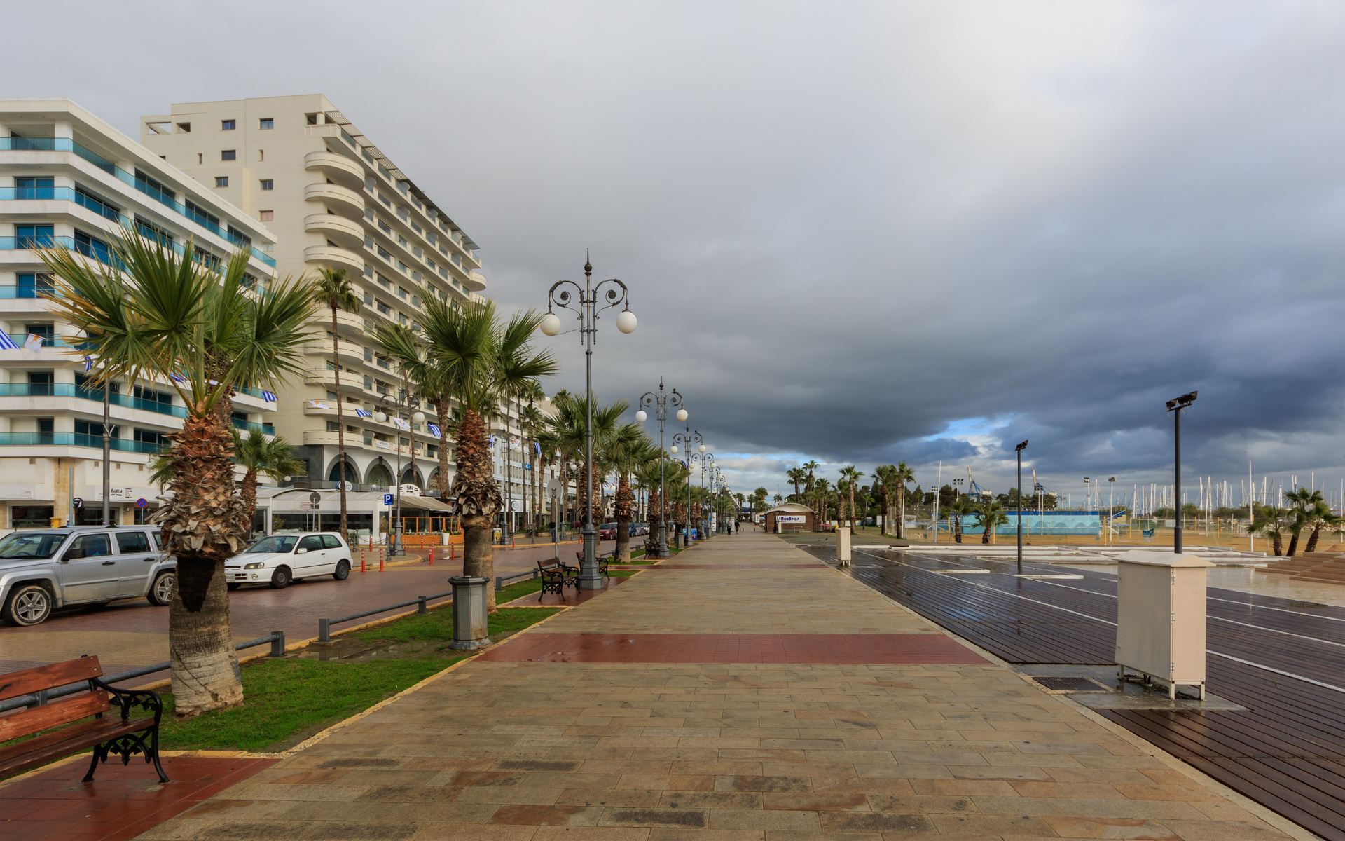 Finikoudes promenade in Larnaca with palm trees and beachfront