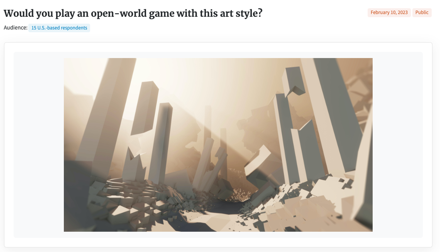 PickFu poll asking whether respondents would play an open-world game in this concept art style