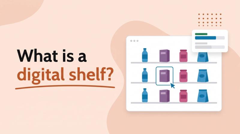 Illustrated title card reading 'What is a digital shelf?' beside an app window showing rows of product tiles arranged like shelves