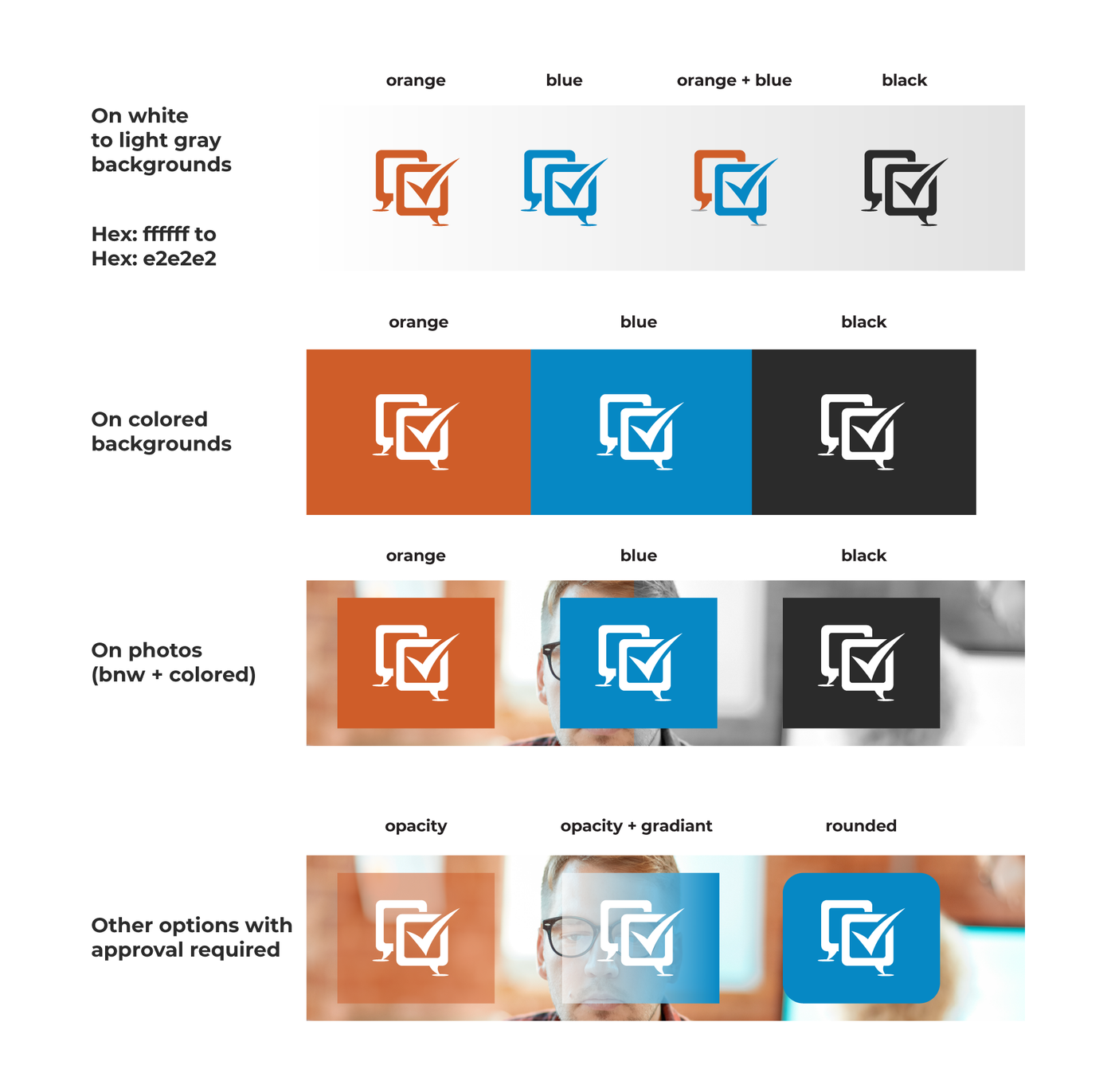 PickFu checkmark icon in orange, blue, orange and blue, and black on white to light gray backgrounds (hex ffffff to e2e2e2); in white on orange, blue, and black backgrounds; on photos; and other options with approval required (opacity, opacity with gradient, rounded)