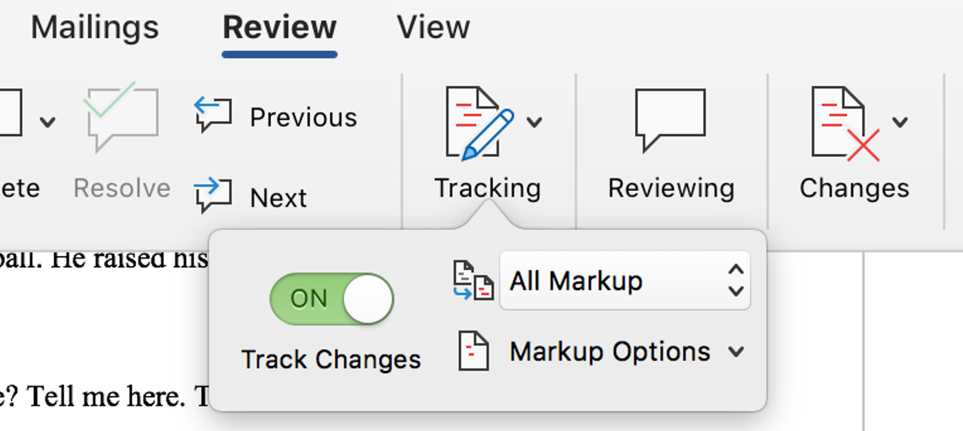 Microsoft Word Review tab with Track Changes switched on