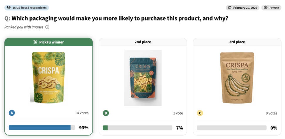 A packaging design comparison test in PickFu