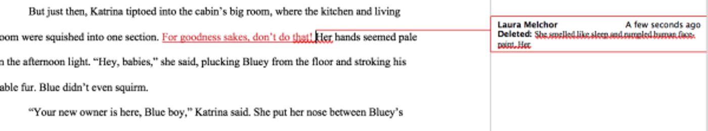 A manuscript paragraph in Word with tracked changes highlighted
