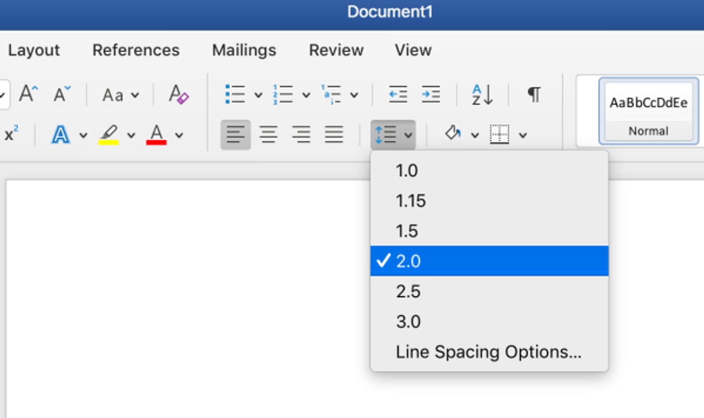 Microsoft Word line spacing menu with 2.0 selected