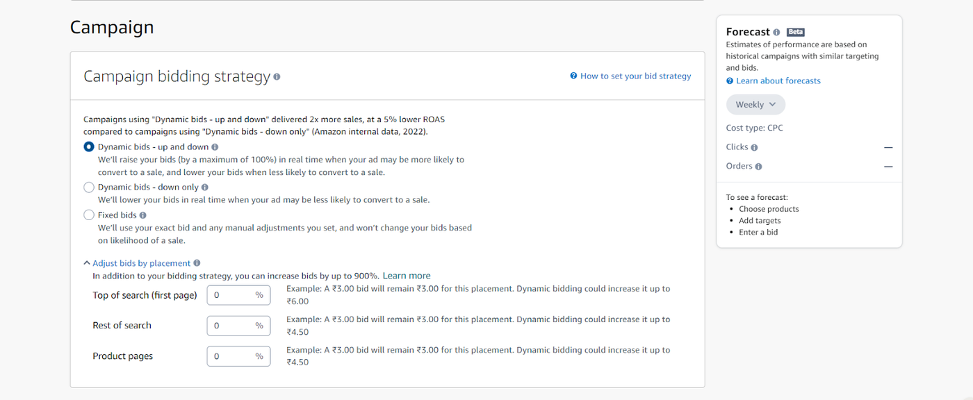 Building a campaign strategy on Amazon (a bidding stategy) a screenshot